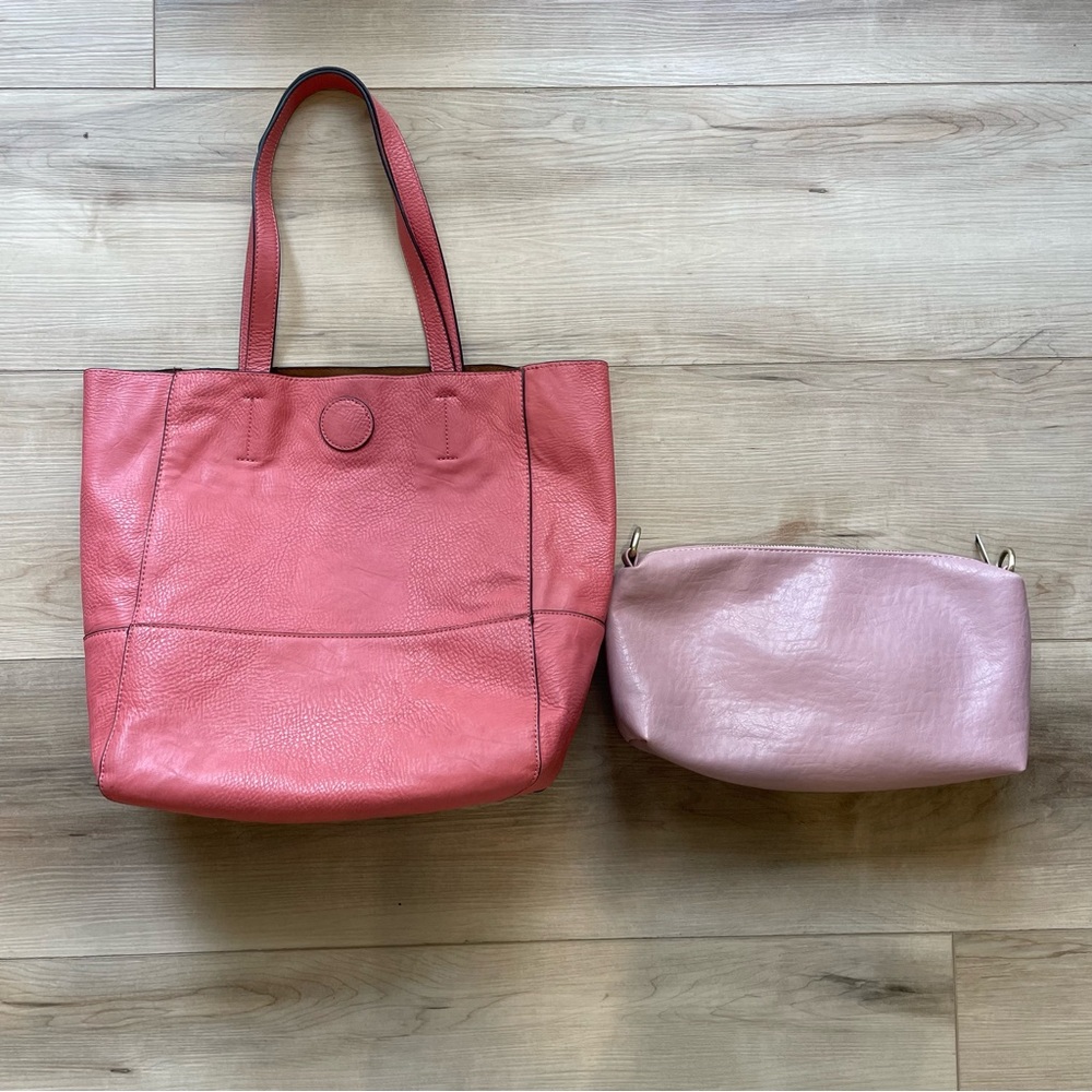 JOY SUSAN Vegan Pink/salmon Leather Tote Bag and Pink Case